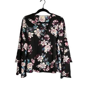 Lily White Black and Purple Floral Flowy Sleeve Blouse Size Large